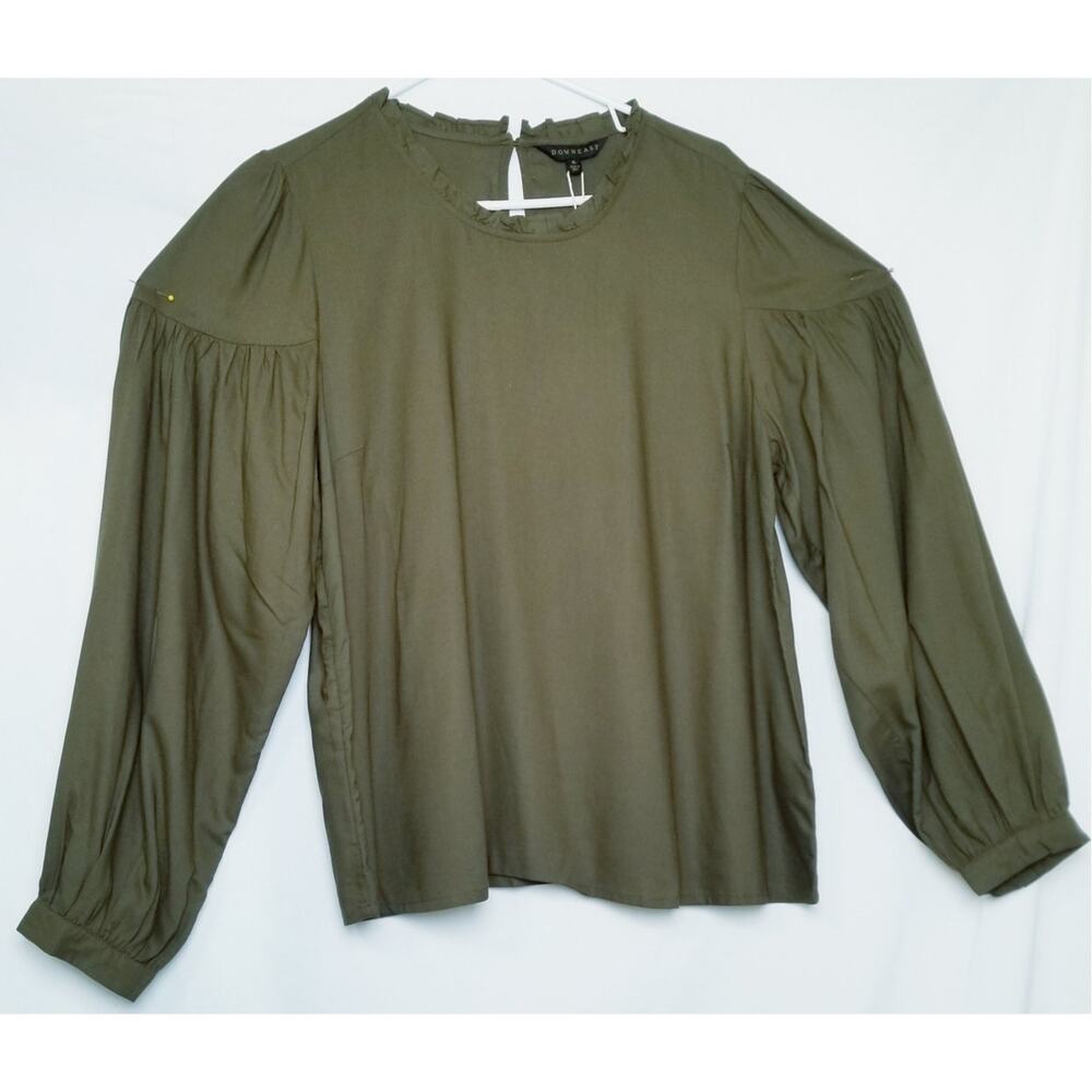 NWT-Downeast Dark Olive Green Long Balloon Sleeves Rnd Ruffle Neckline Size XL